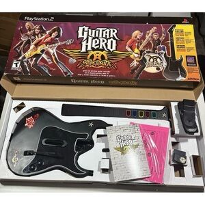 Guitar Hero Aerosmith PS2 Bundle w/ Guitar & Dongle Tested Works CIB NO GAME